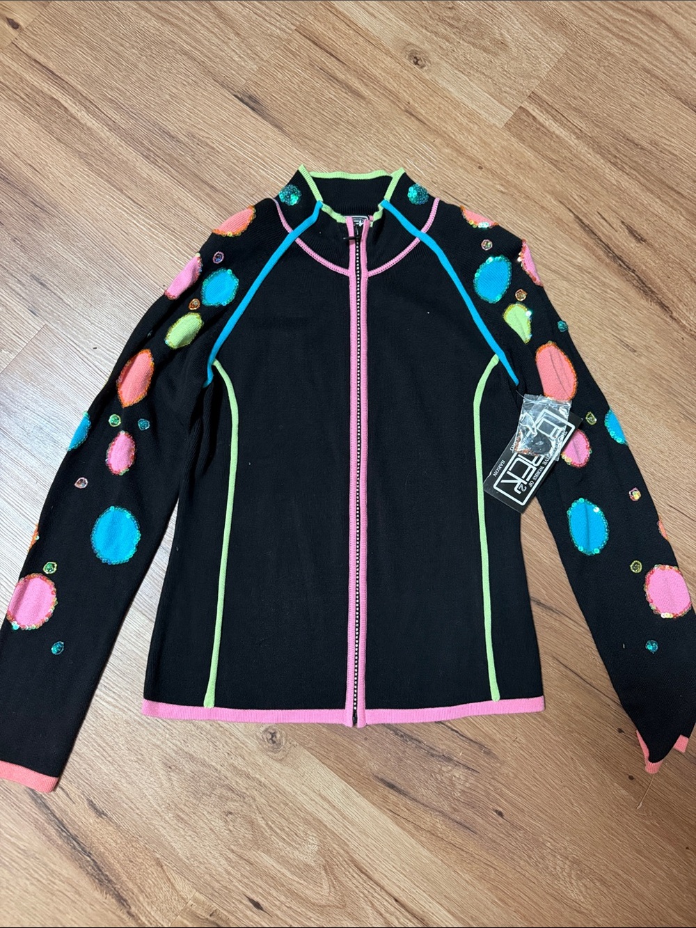Berek Black Front Zip Sweater with Neon Accents, size S, NWT